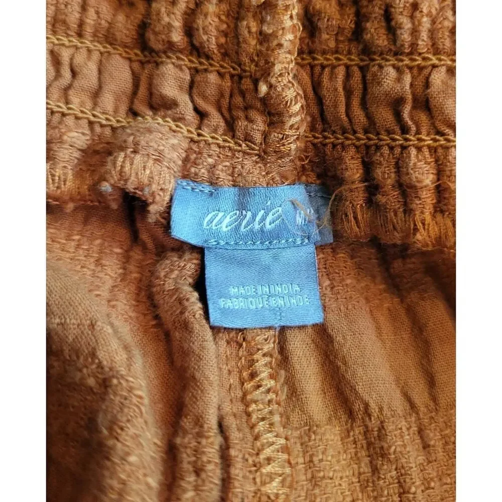 Aerie Pants Women's Medium Orange Wide Leg Cropped Smocked Boho Beach Check